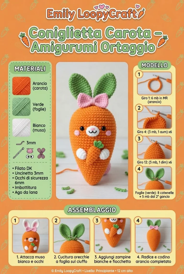Coniglietta Carota amigurumi ortaggio fatto a mano in colori vivaci