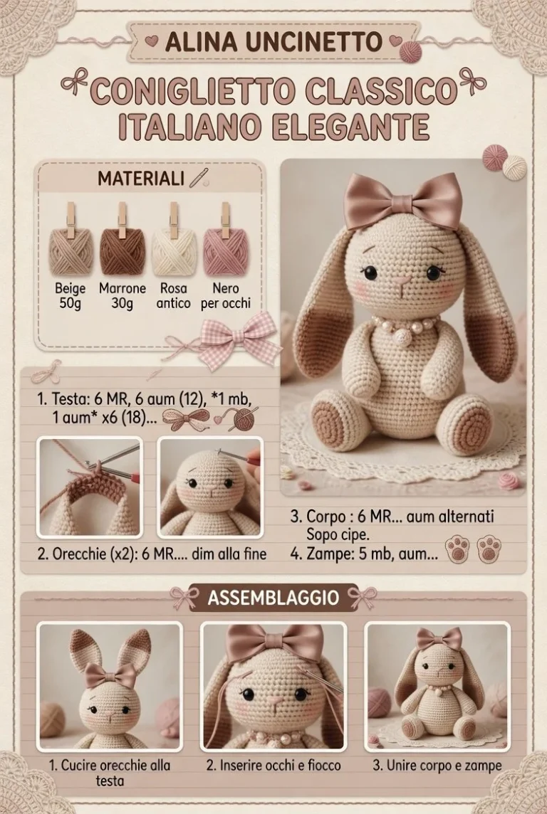 Coniglietto amigurumi classico italiano elegante in cotone colorato