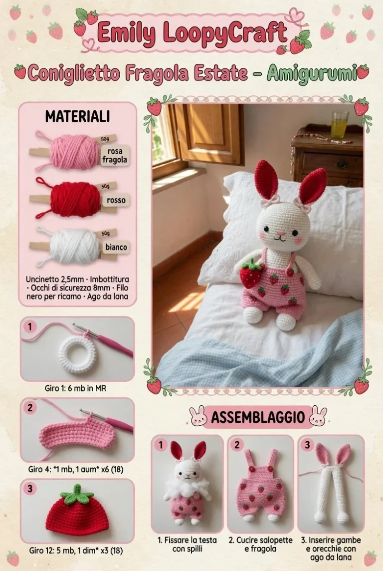 Coniglietto Fragola Estate realizzato in amigurumi con colori vivaci.