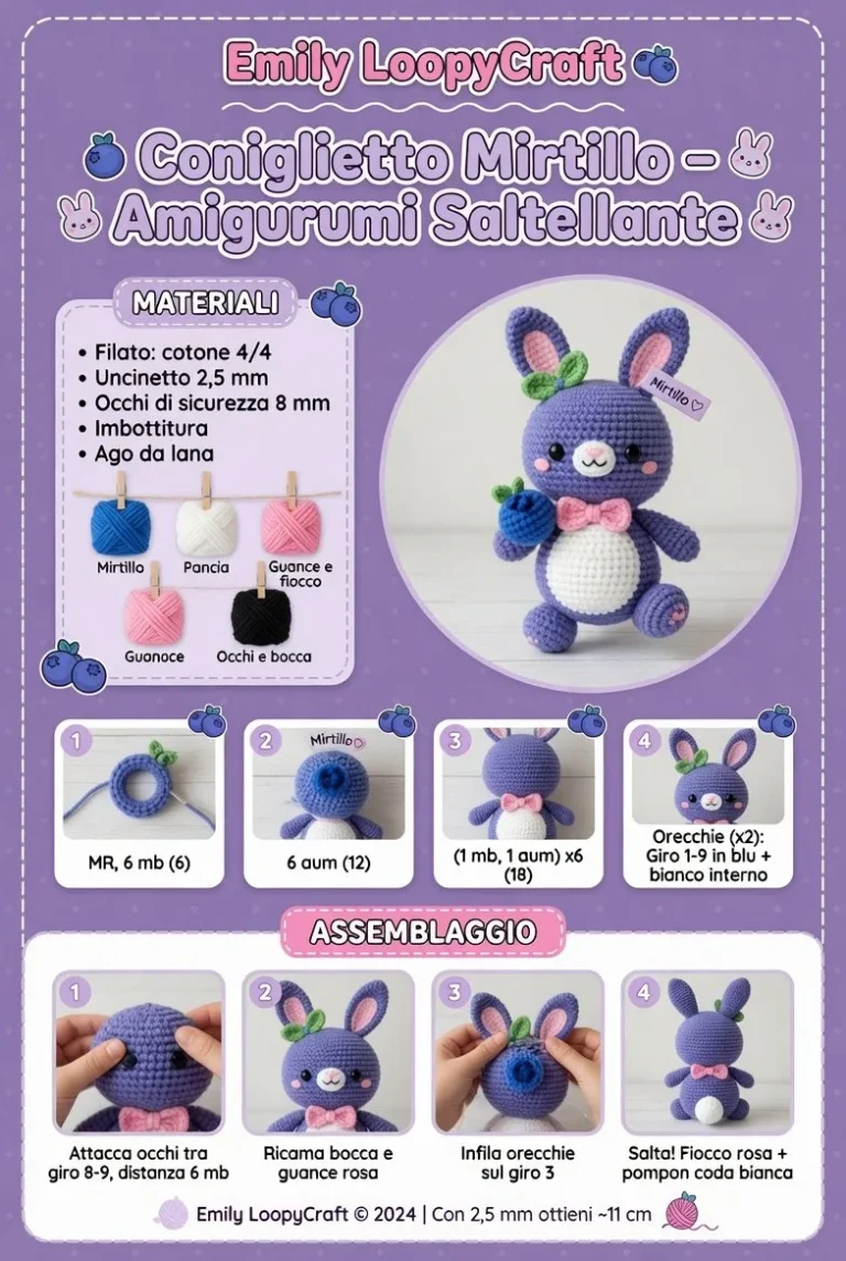 Coniglietto Mirtillo amigurumi saltellante realizzato a mano