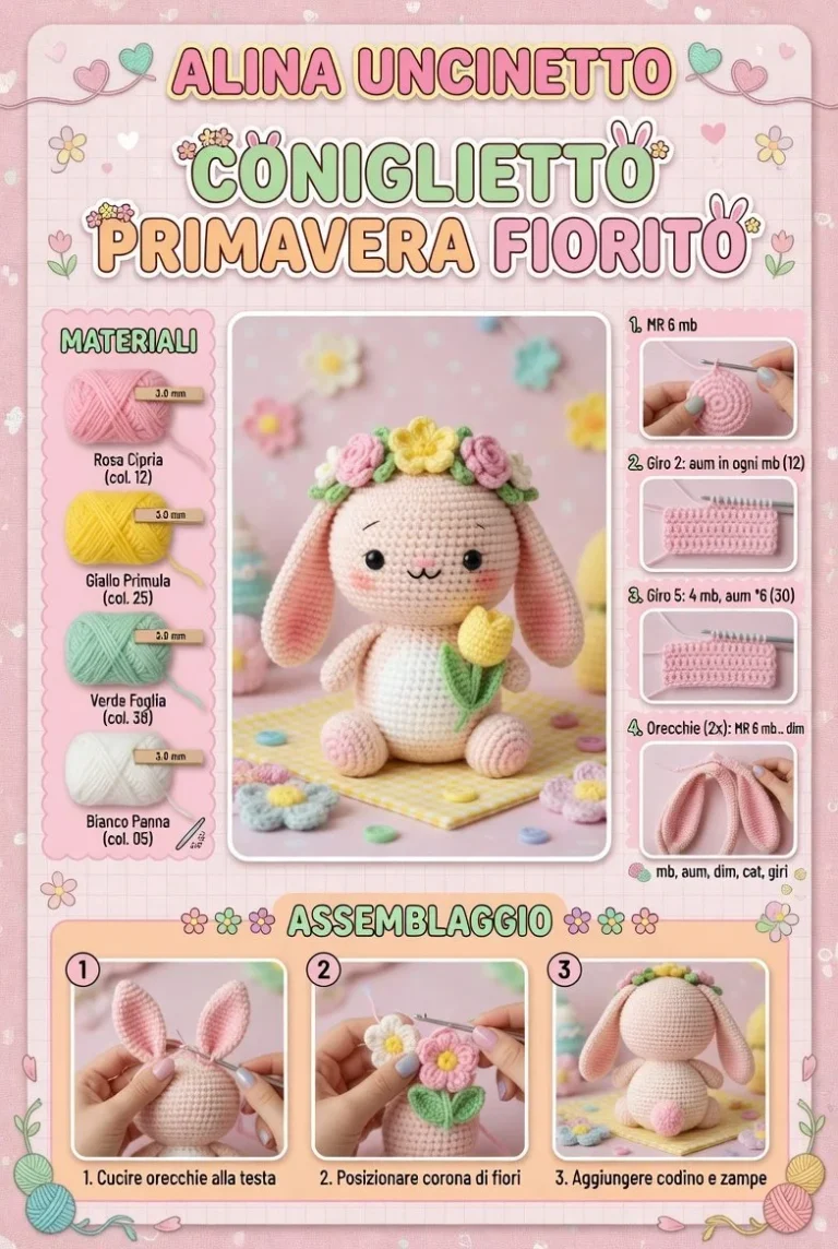 Coniglietto Amigurumi Primavera Fiorito con coroncina colorata