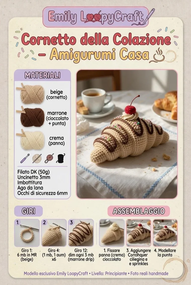 Amigurumi Cornetto Fresco realizzato all'uncinetto per colazione.