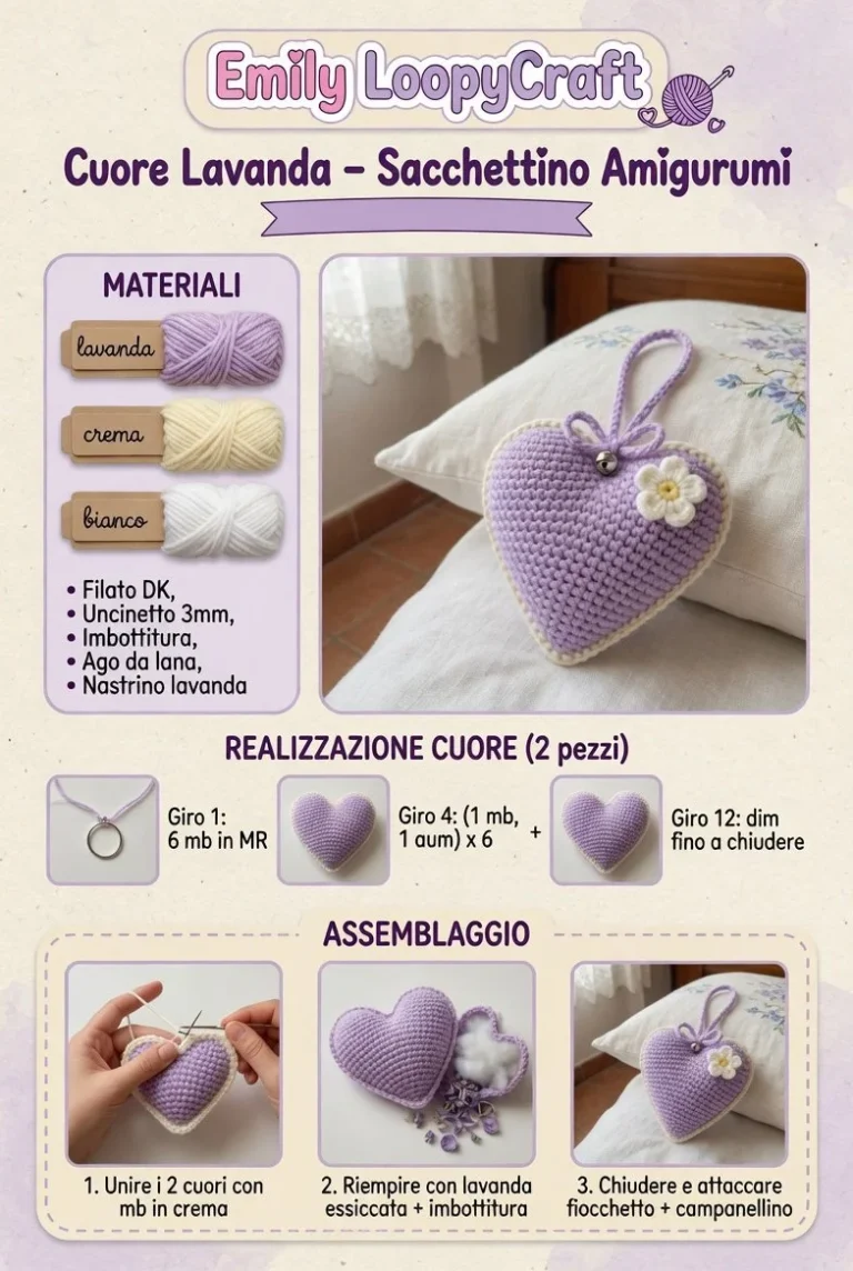 Sacchettino Amigurumi Cuore Lavanda in cotone decorativo