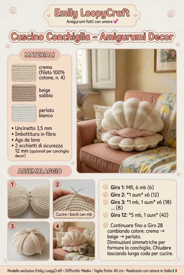 Cuscino Conchiglia amigurumi decorativo per interni