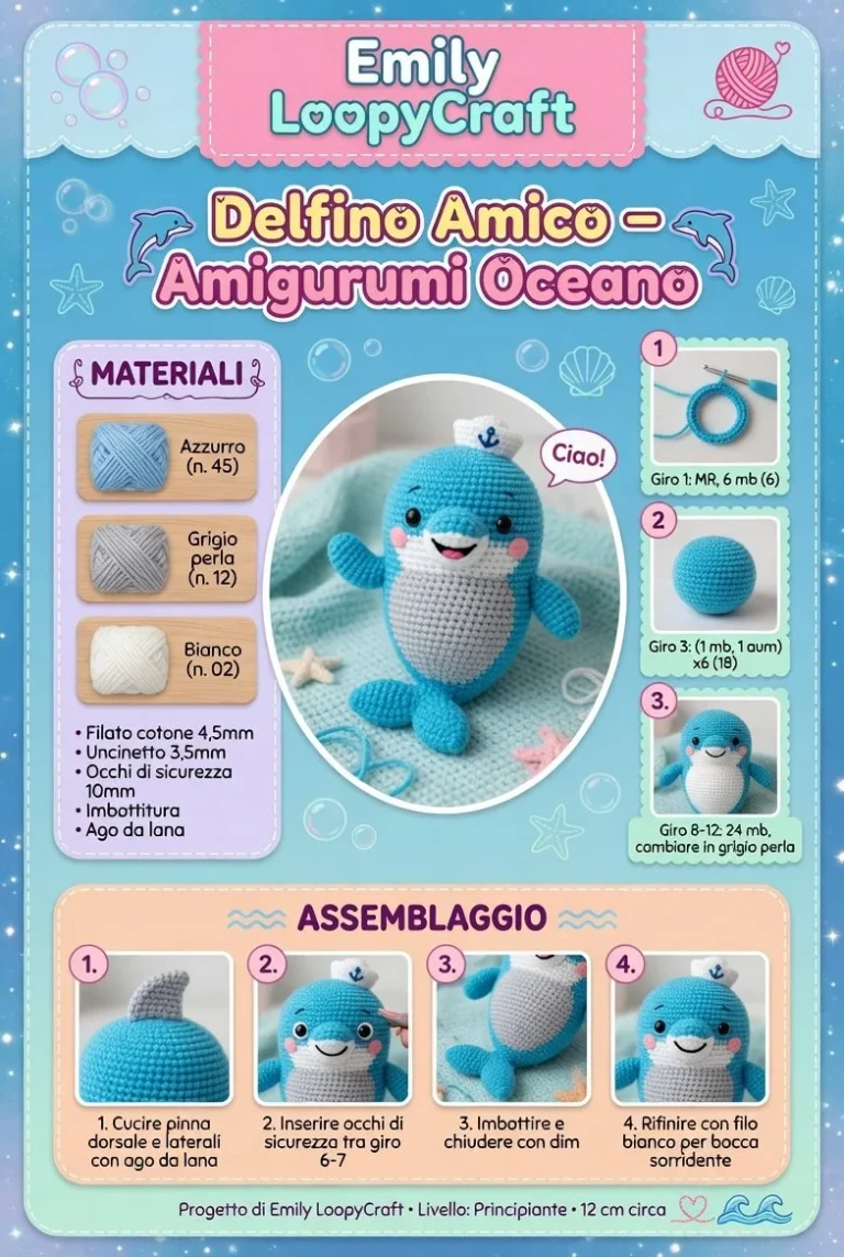 Delfino Amico in amigurumi oceano, creato a mano con colori vivaci.