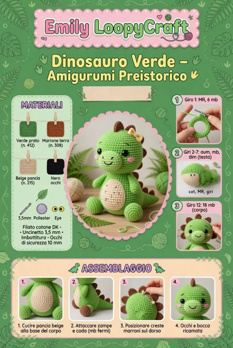 Dinosauro Verde in amigurumi, un grazioso giocattolo preistorico fatto a mano.