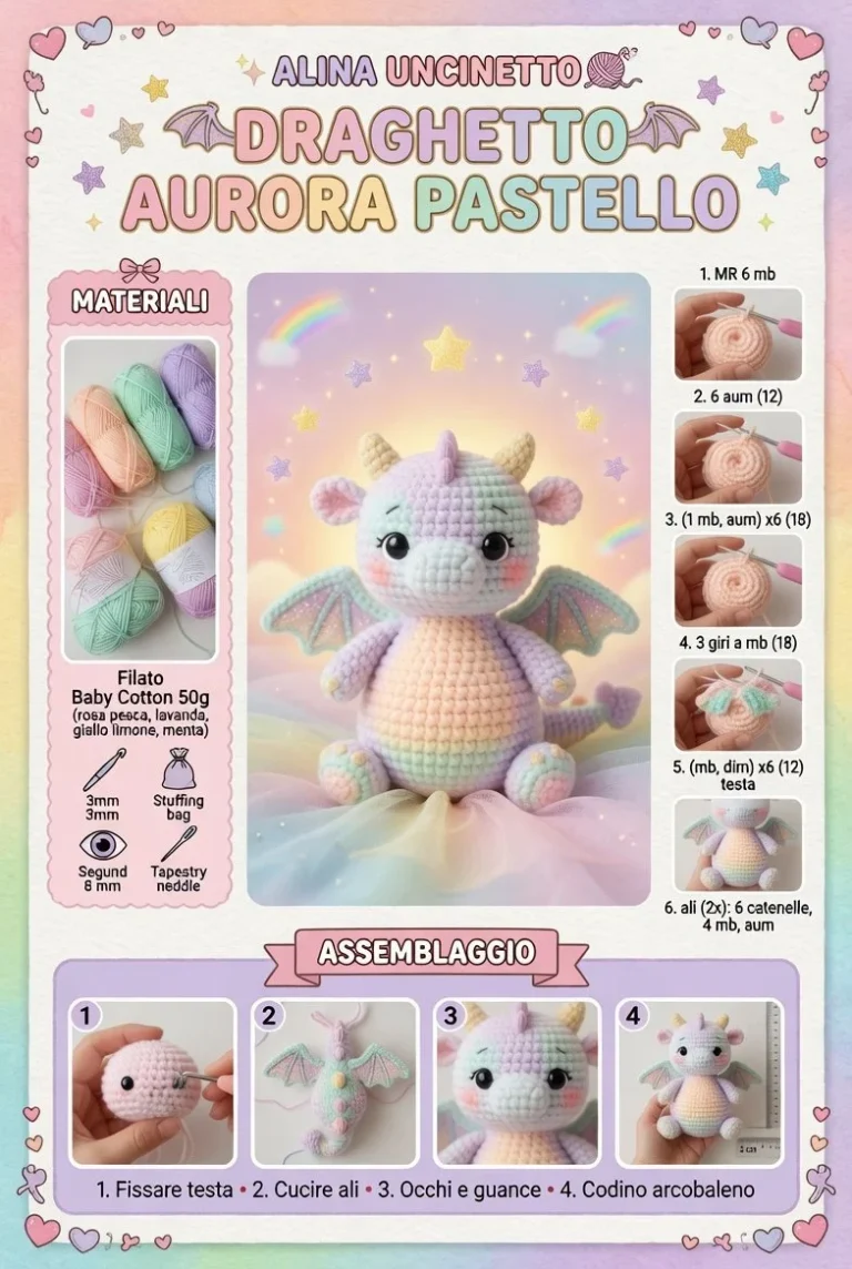Draghetto Aurora Pastello amigurumi colorato e adorabile per collezionisti.