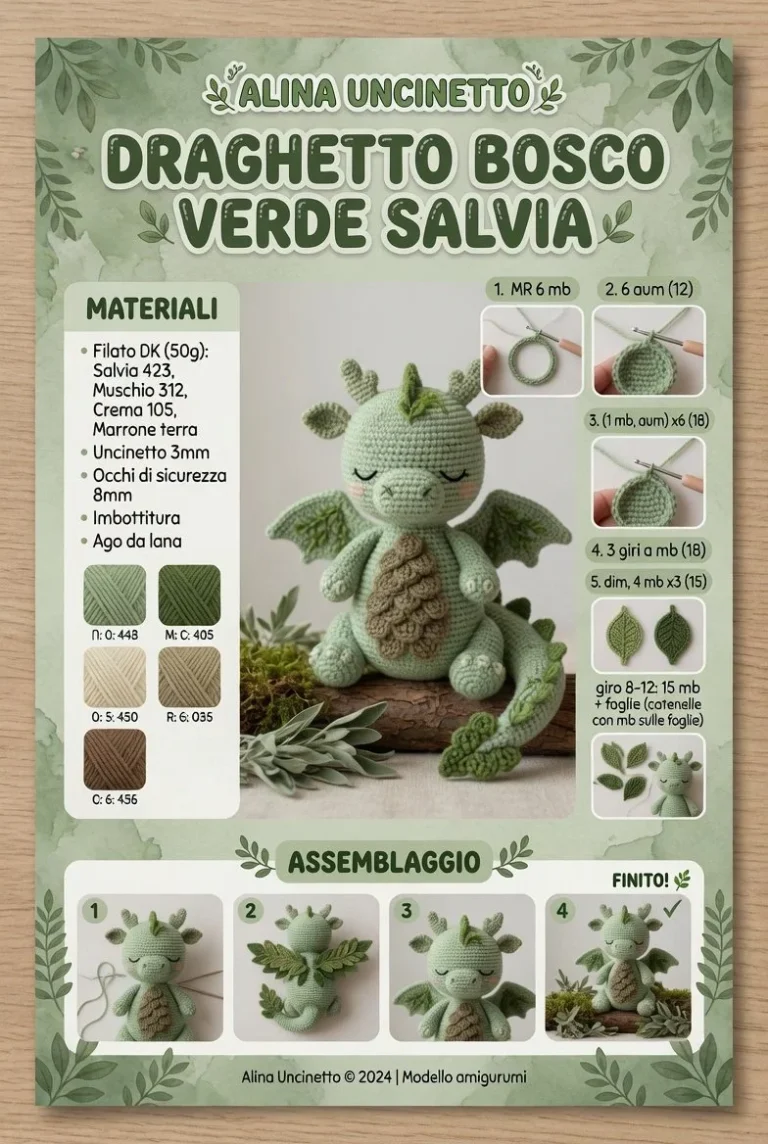 Draghetto Amigurumi Bosco Verde Salvia, artigianato in crochet adorabile