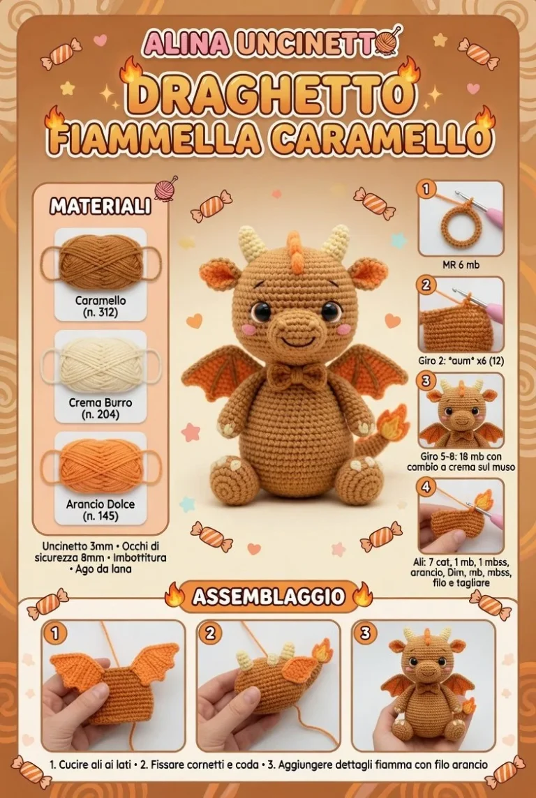 Draghetto Caramello e Draghetto Fiammella Caramello - amigurumi adorabili su sfondo colorato