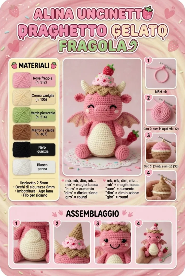Draghetto Gelato Fragola e Draghetto Amigurumi Fragola in un'immagine colorata