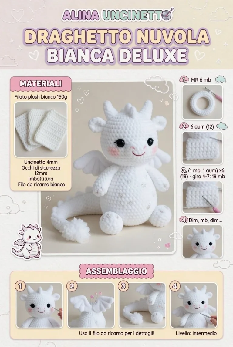 Draghetto Amigurumi Bianco Nuvola Bianca Deluxe in stile artigianale