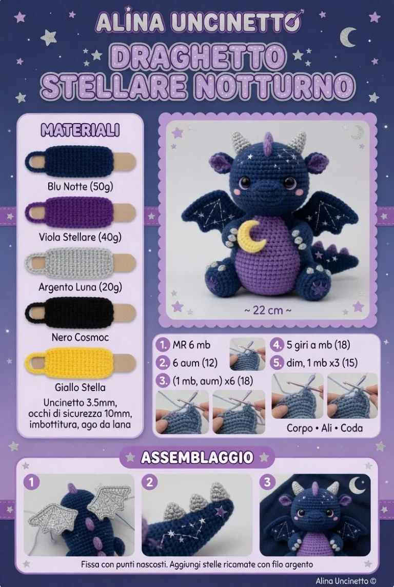 Draghetto Amigurumi Stellare Notturno con dettagli notturni incantevoli.