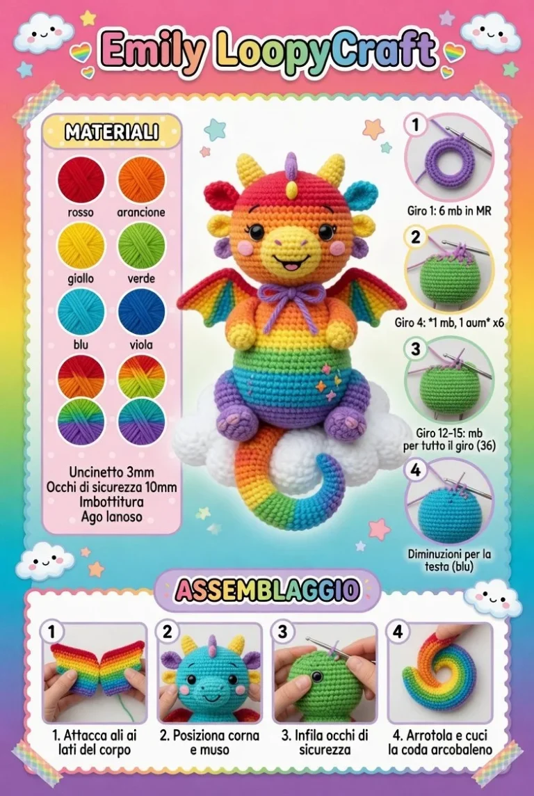 Drago Arcobaleno in amigurumi, un pupazzo colorato e magico fatto a mano.