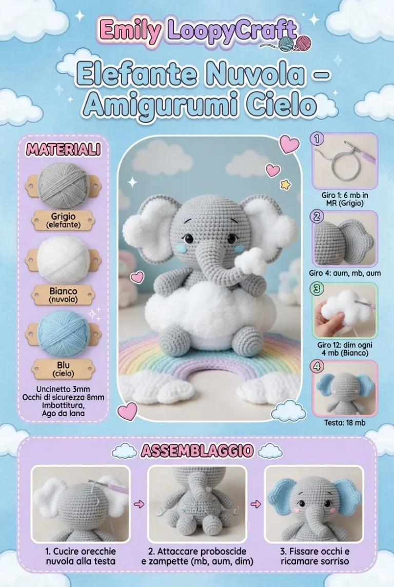 Amigurumi Cielo Elefante Nuvola realizzato a mano
