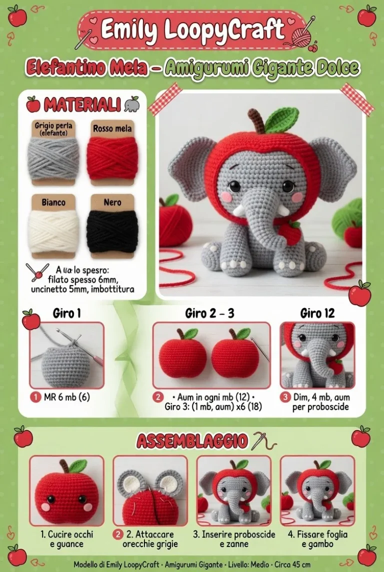 Elefantino Mela in amigurumi gigante dolce, creazione artigianale unica.