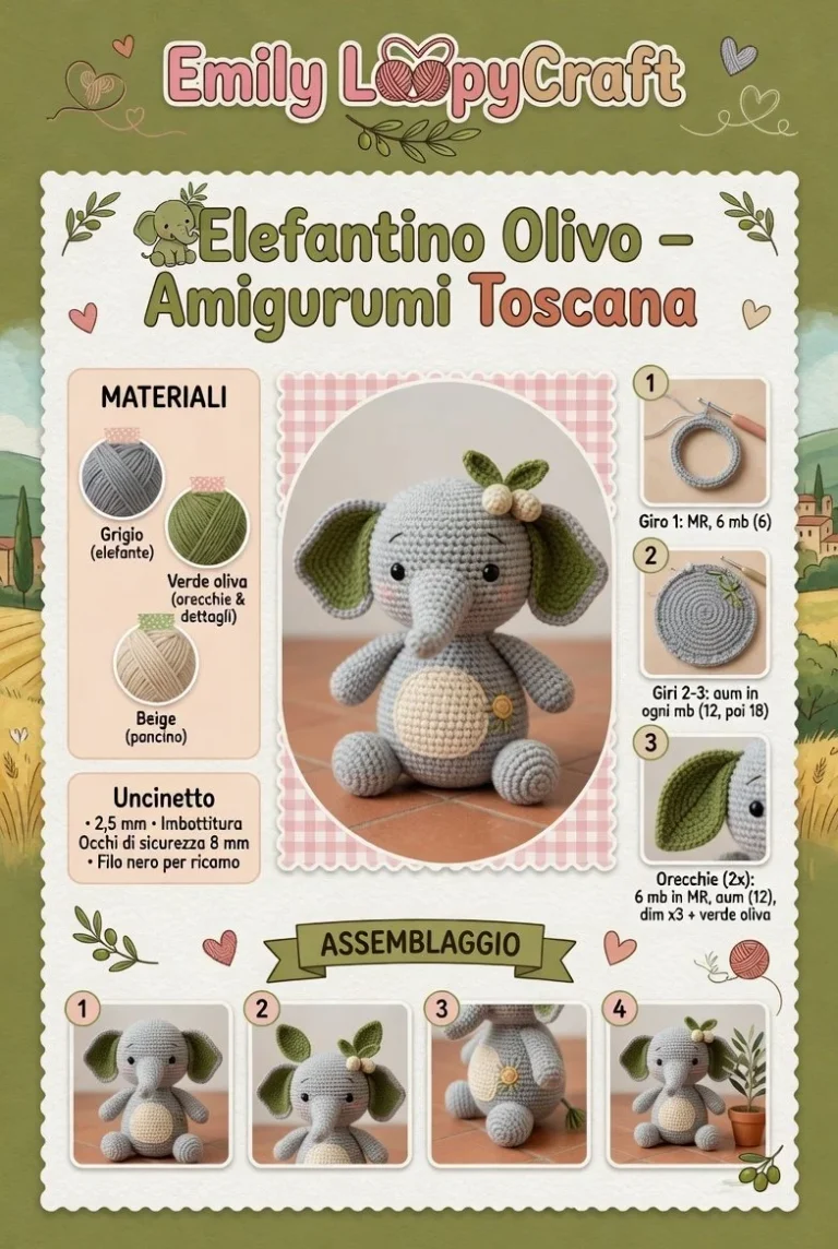 Elefantino Olivo in Amigurumi Toscana, artigianato in crochet colorato