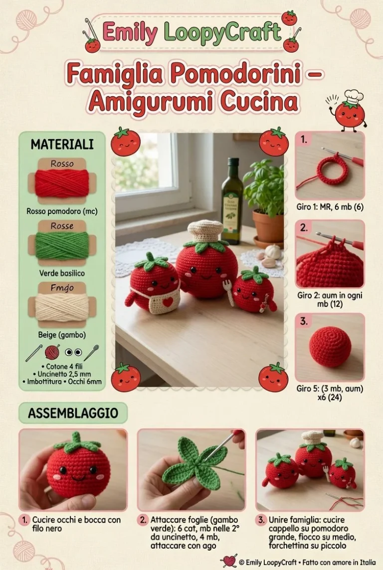 Amigurumi cucina della Famiglia Pomodorini in colori vivaci e dettagli creativi