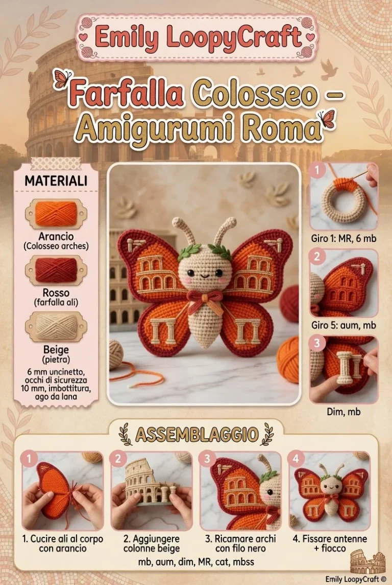 Farfalla Colosseo in amigurumi, un souvenir d'arte ispirato al Colosseo di Roma.