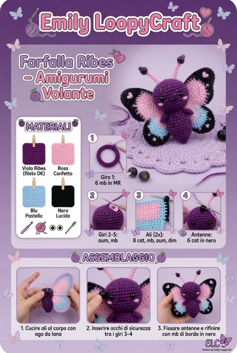 Farfalla Ribes amigurumi volante colorato e fatto a mano