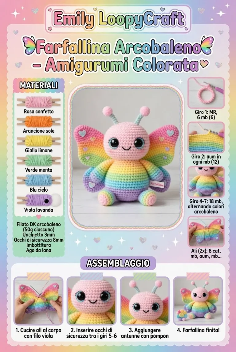 Farfallina Arcobaleno in amigurumi colorata, un pezzo unico di artigianato.