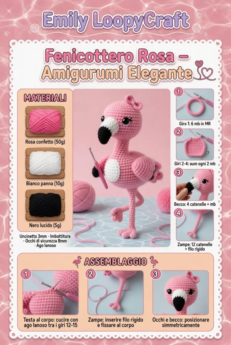 Fenicottero rosa fatto a mano in amigurumi elegante e colorato