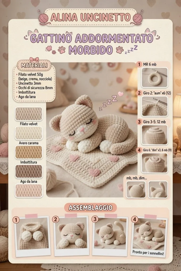 Gattino Amigurumi dormiente e morbido, realizzato all'uncinetto