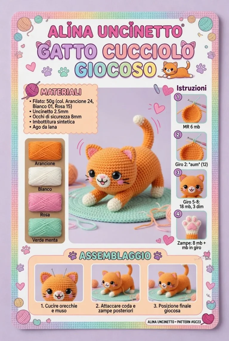 Gattino amigurumi giocoso in colori vivaci
