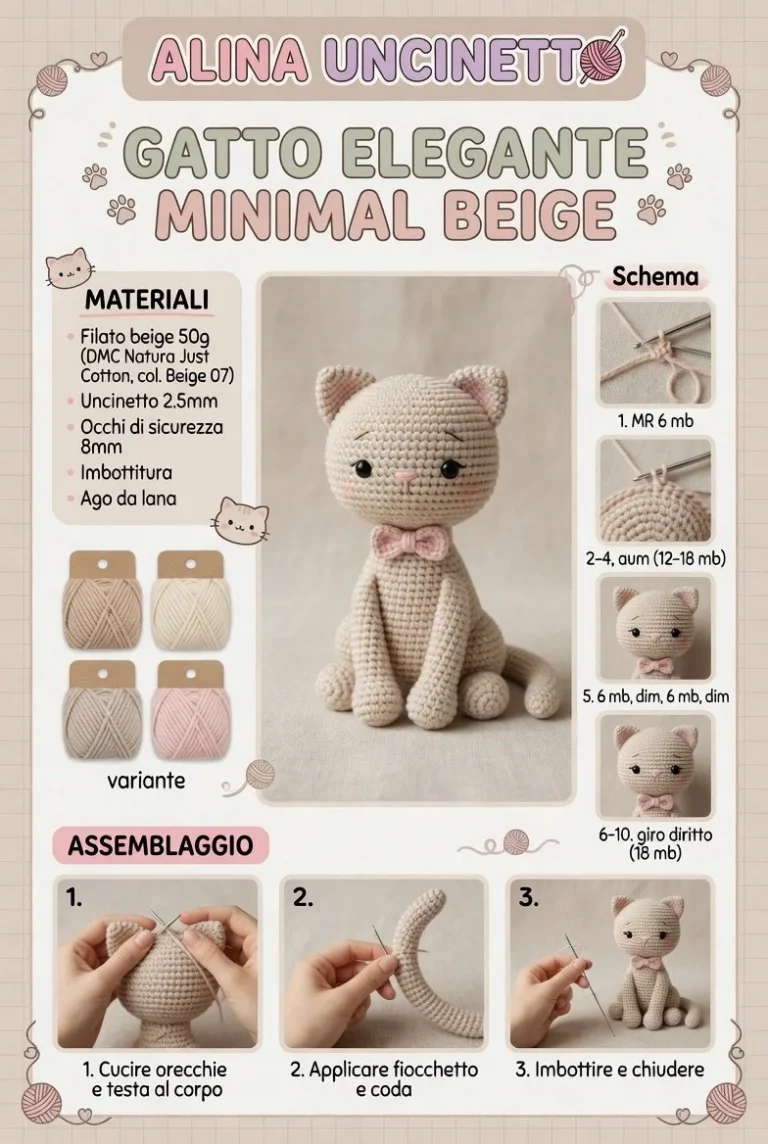 Gatto Amigurumi Minimal Beige elegante in crocheted design