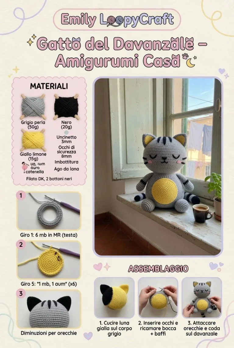 Gatto Luna, amigurumi notturno realizzato a mano con dettagli affascinanti.