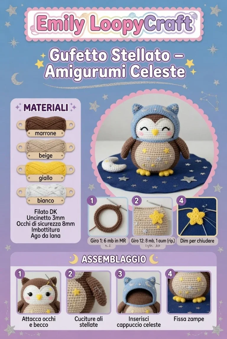 Gufetto Stellato Amigurumi Celeste, un delizioso pupazzo artigianale