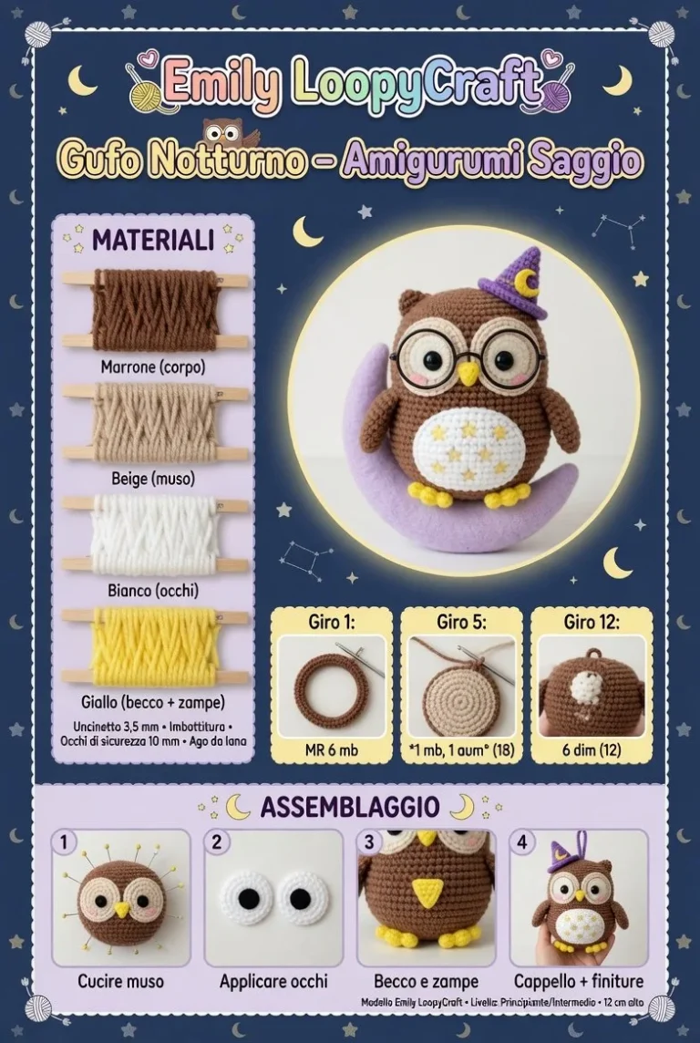 Amigurumi Gufo Notturno realizzato a mano con dettagli saggio