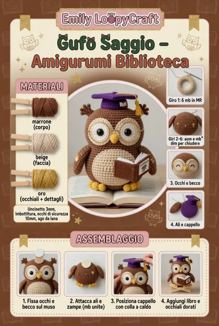 Gufo Saggio amigurumi della Biblioteca, un dolce pupazzo all'uncinetto.