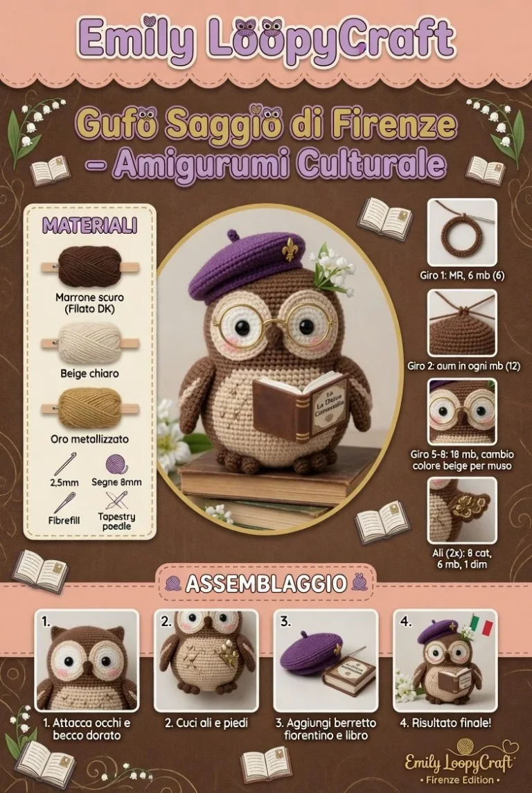 Gufo Saggio di Firenze in amigurumi, simbolo di saggezza e cultura