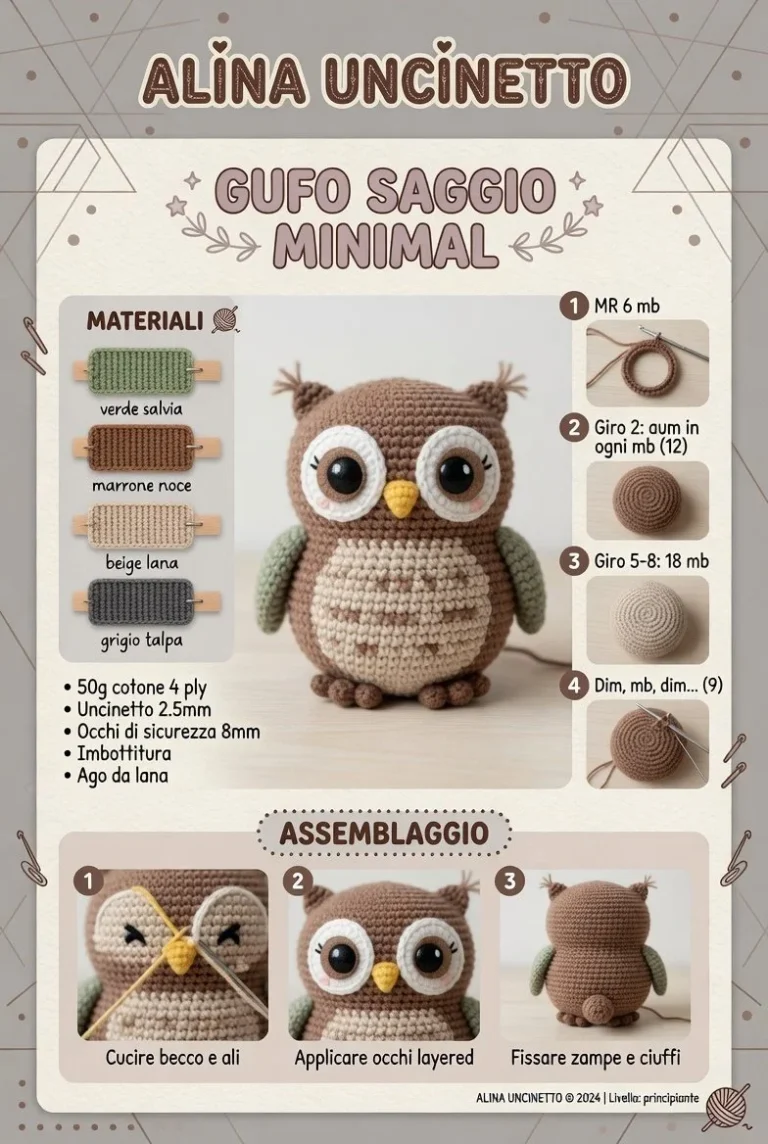 Gufo Amigurumi Minimal - Gufo Saggio realizzato all'uncinetto per decorazioni uniche