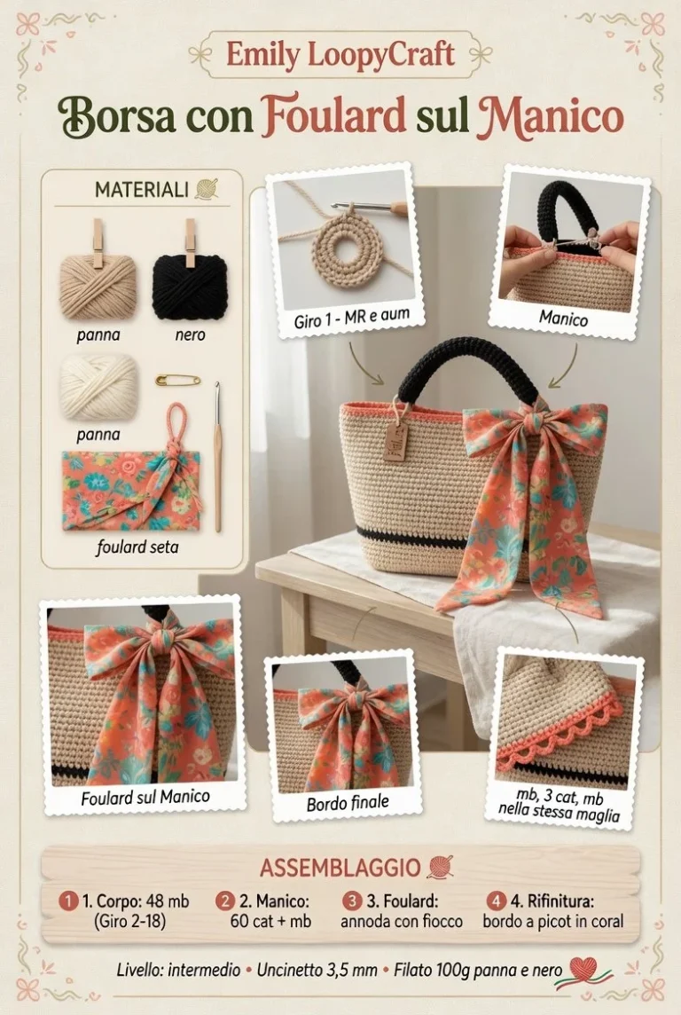 Borsa all’uncinetto decorata con un foulard al manico