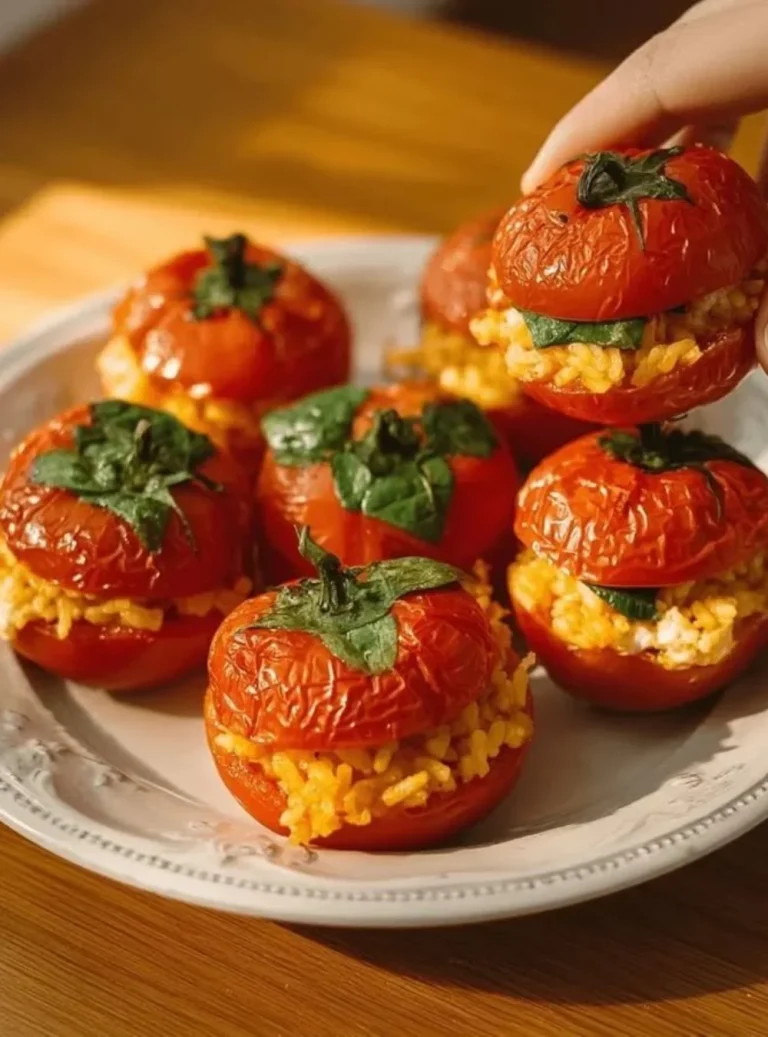 Pomodori ripieni di riso freschi e appetitosi, pronti per essere serviti.