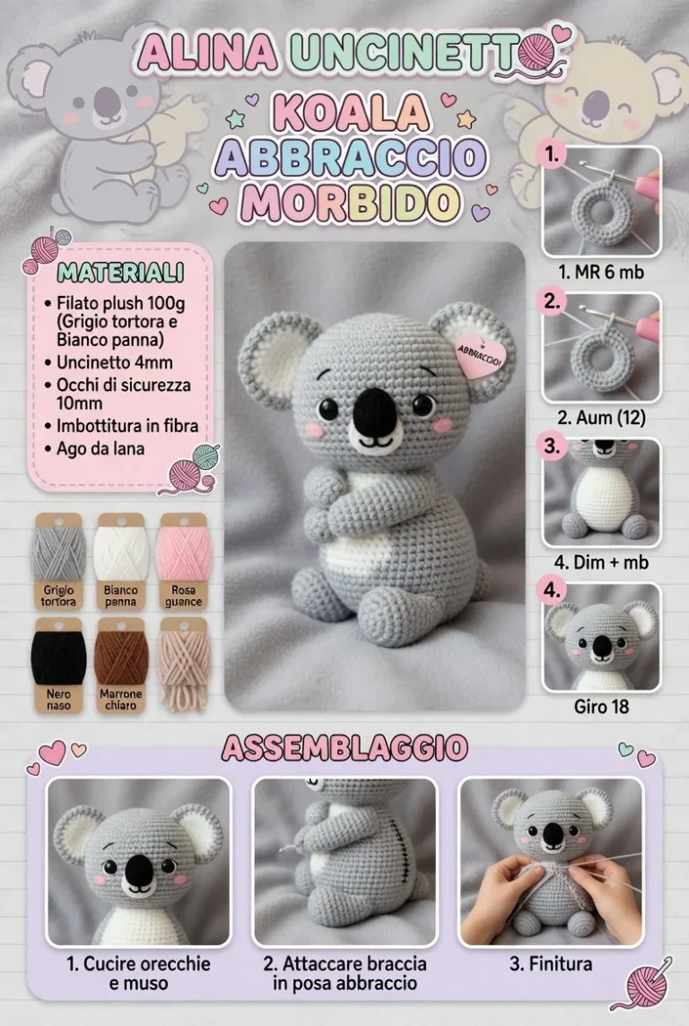 Koala Amigurumi Coccola, tenero e morbido, ideale per abbracci.