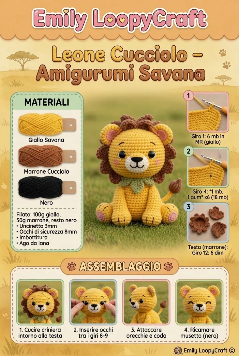 Leone Cucciolo in amigurumi Savana, un giocattolo morbido e colorato.