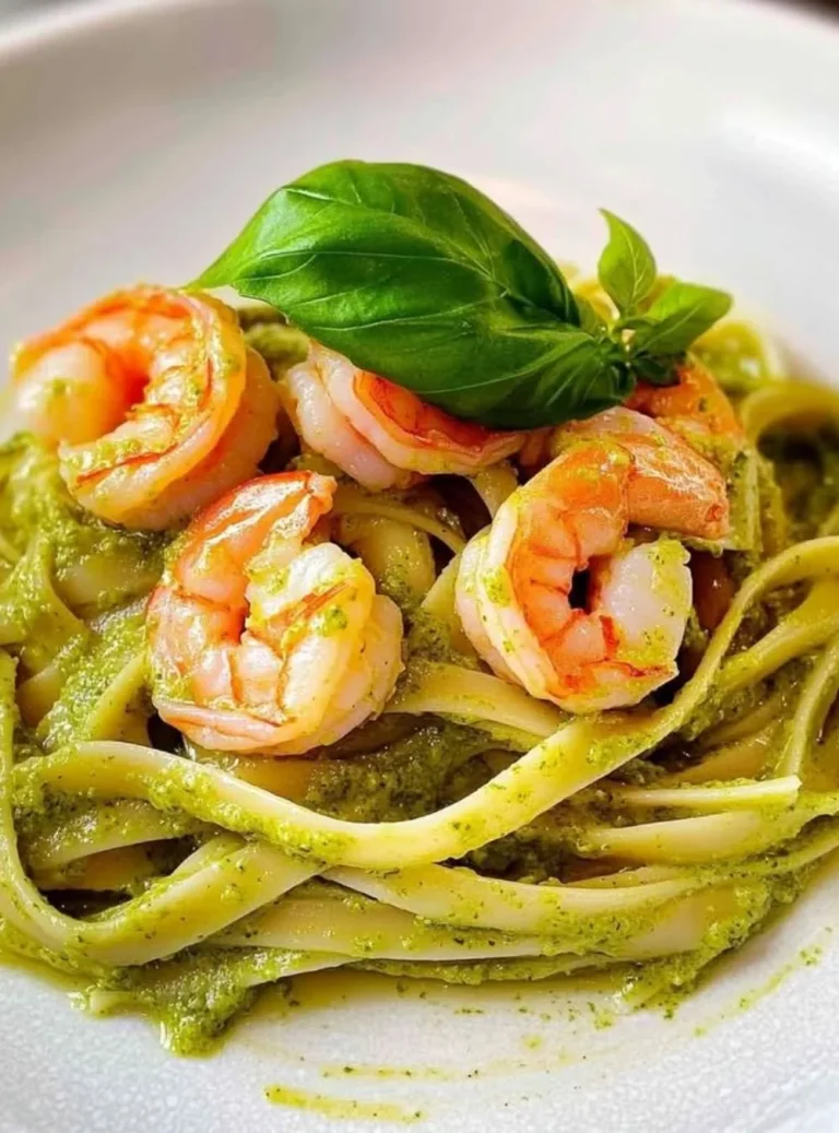 Linguine al pesto di zucchine con gamberoni scottati serviti in un piatto
