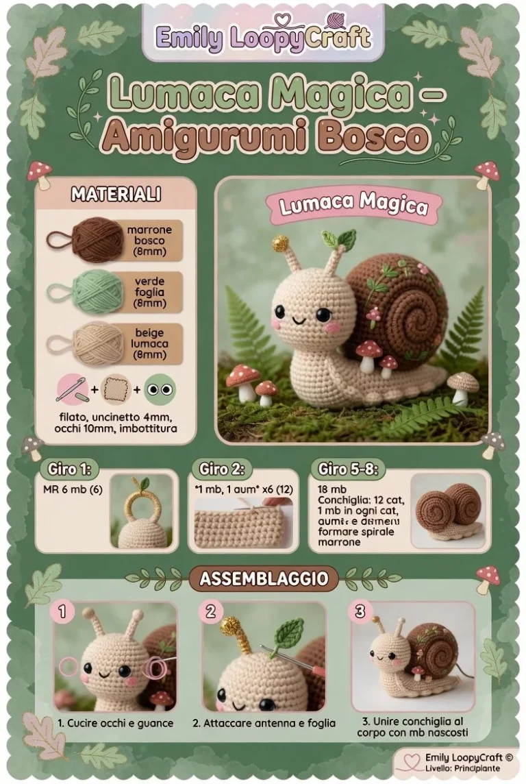 Lumaca Magica amigurumi del bosco realizzata all'uncinetto.