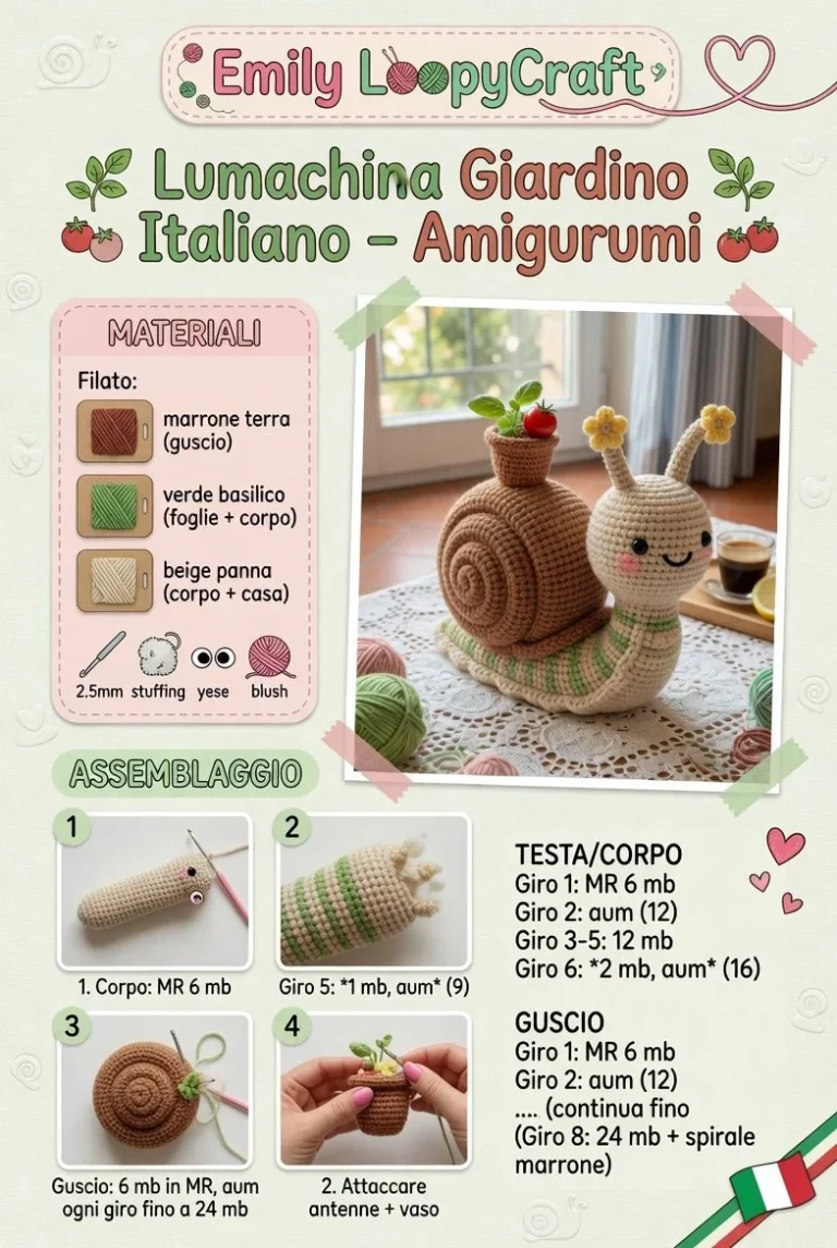Lumachina amigurumi del Giardino Italiano, artigianato in cotone colorato.