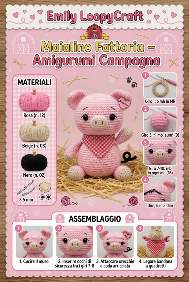 Maialino Fattoria in Amigurumi Campagna fatto all'uncinetto.
