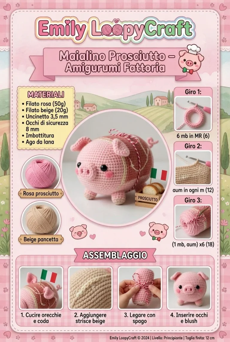 Maialino prosciutto amigurumi della fattoria, realizzato a mano.