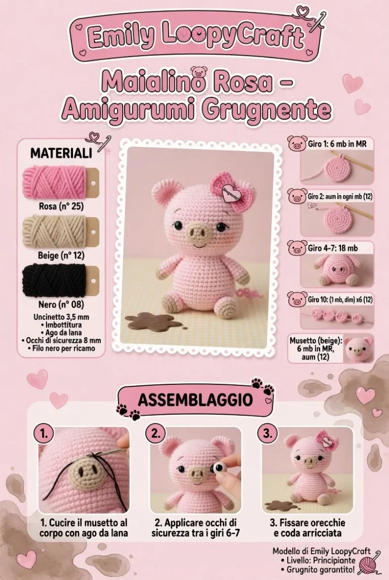 Maialino Rosa in amigurumi grugnente, progetto di uncinetto adorabile