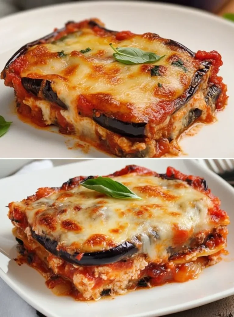 Piatto di melanzane alla parmigiana con formaggio fuso e salsa di pomodoro