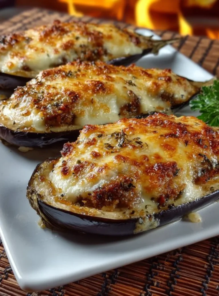 Melanzane ripiene al forno servite in un piatto bianco con erbe aromatiche.