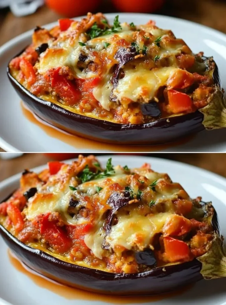 Melanzane ripiene al forno perfette, pronte da gustare.