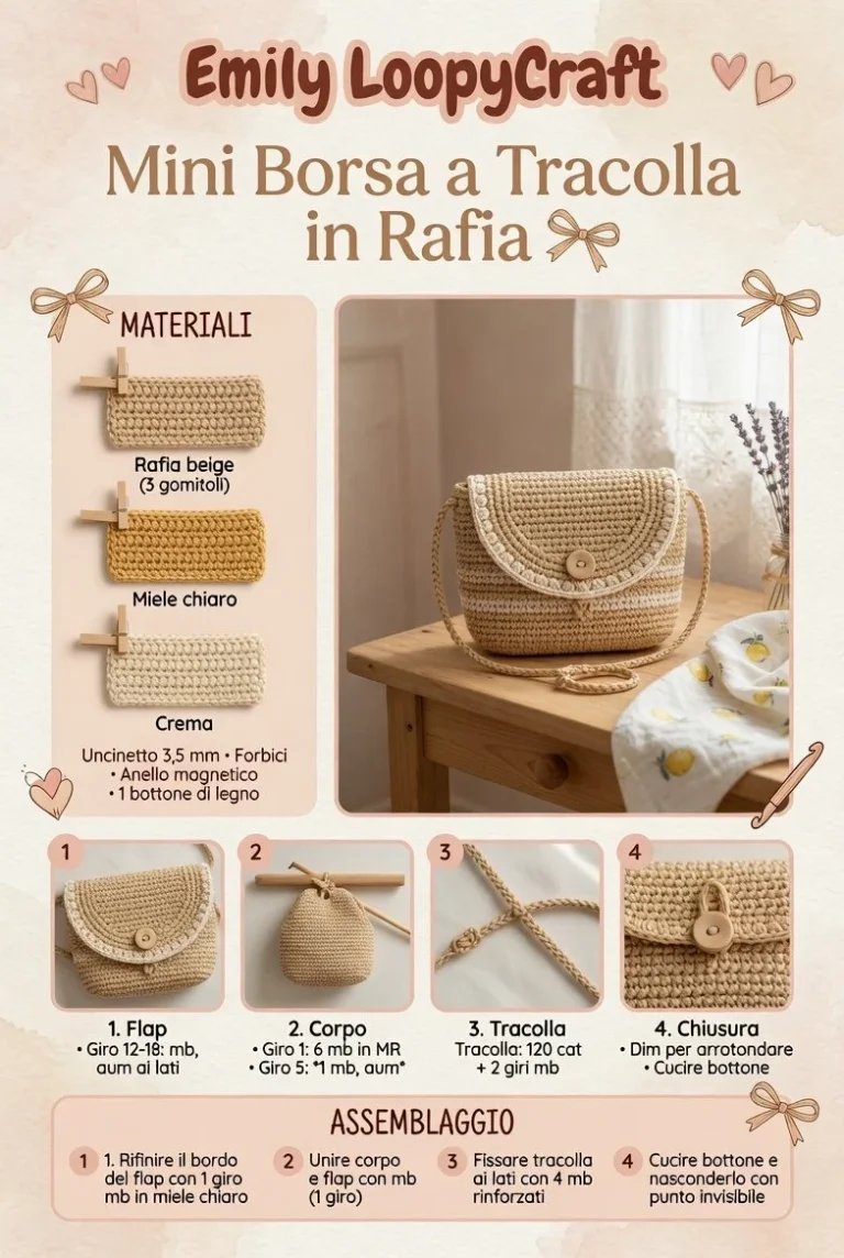 Mini borsa a tracolla in rafia lavorata all’uncinetto per principianti