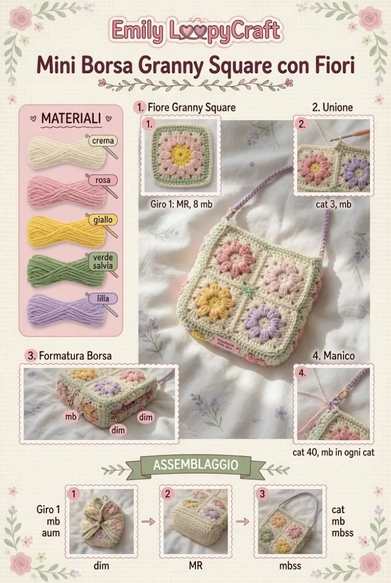 Mini Borsa Granny Square all'uncinetto con fiori colorati