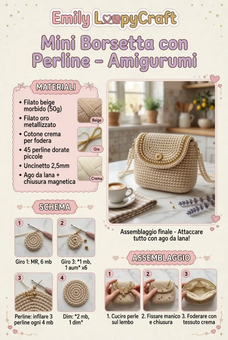 Mini borsetta con perline in amigurumi, creazione artigianale colorata e stilosa.